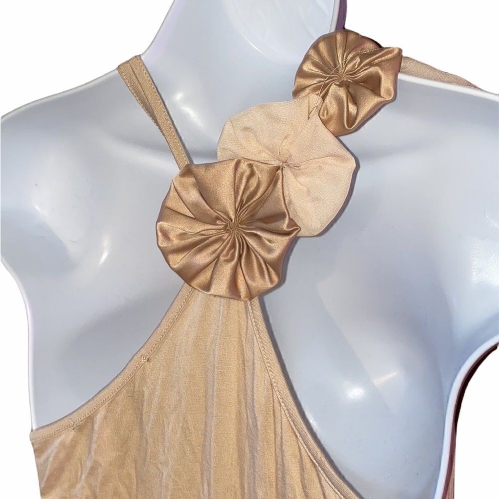 Champagne Rosette Halter Top Beige Satin Floral Embellished Tank S 11767 - Picture 5 of 8